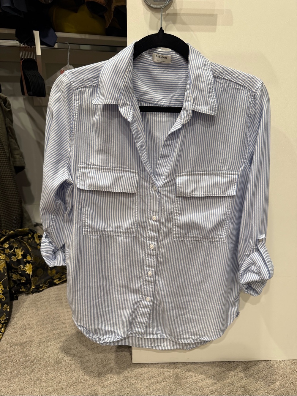Aritzia Babaton Utility Shirt | Light Blue and White Striped Button-Down Shirt